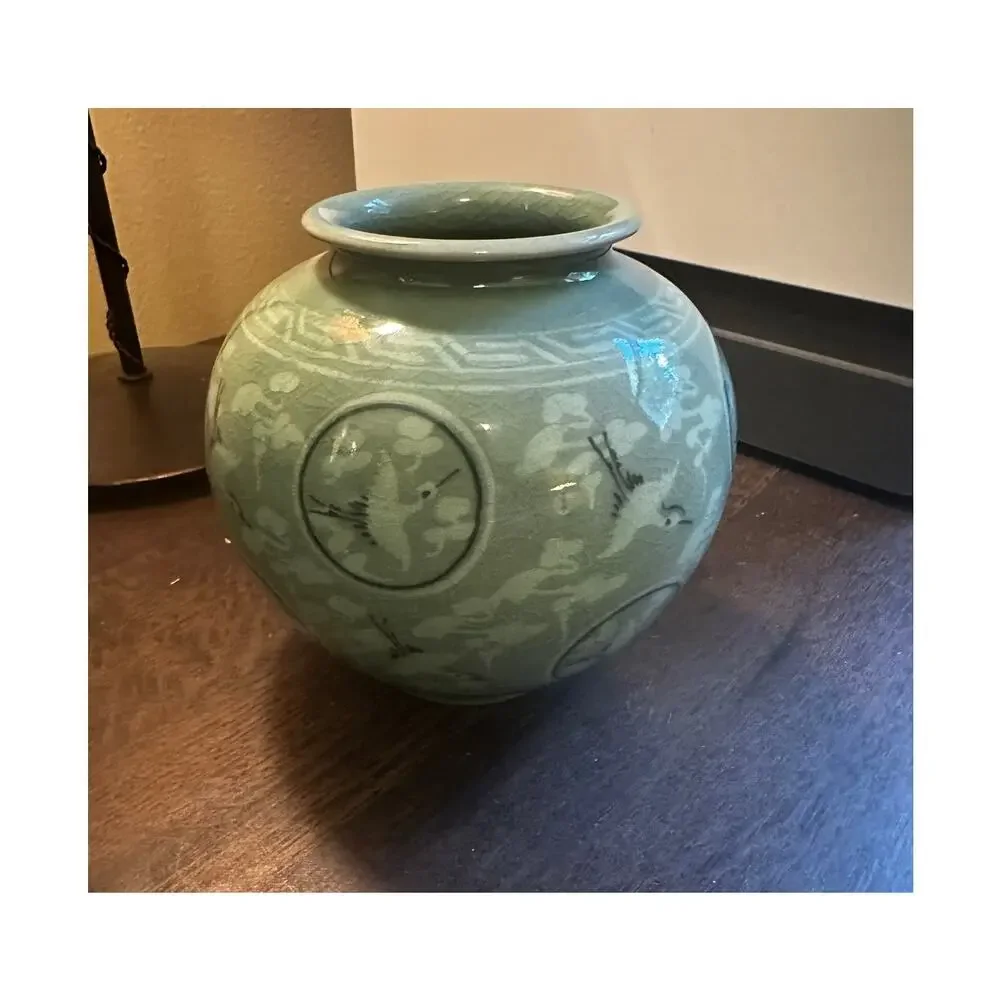 MCM KOREAN CELEDON CRANE INLAID ROUND VASE